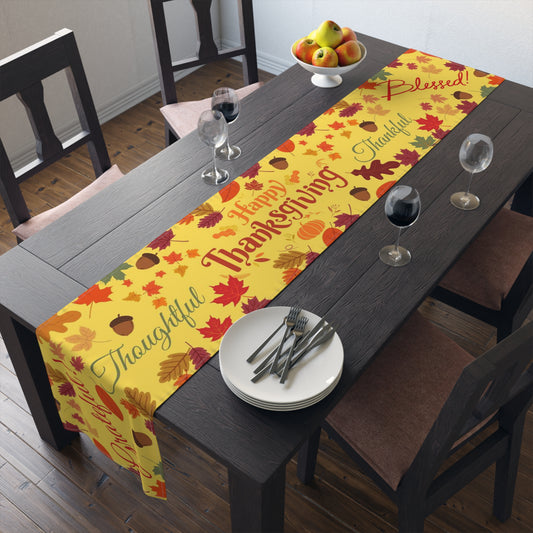 Embrace the warmth of the holiday season with the beautifully designed Thanksgiving table runner from Care and Wishes Boutique. This festive runner is available in two high-quality material options – the classic Cotton Twill, known for its durability and comfort, and the sleek Polyester, recognized for its stain resistance and longevity.