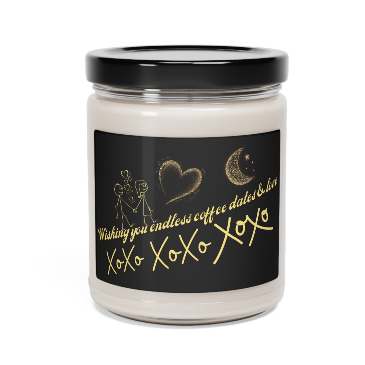 This enchanting candle features a delightful stick figured couple, hand in hand, walking uphill on a bed of words. Floating hearts between their hands symbolize the love and affection they share.