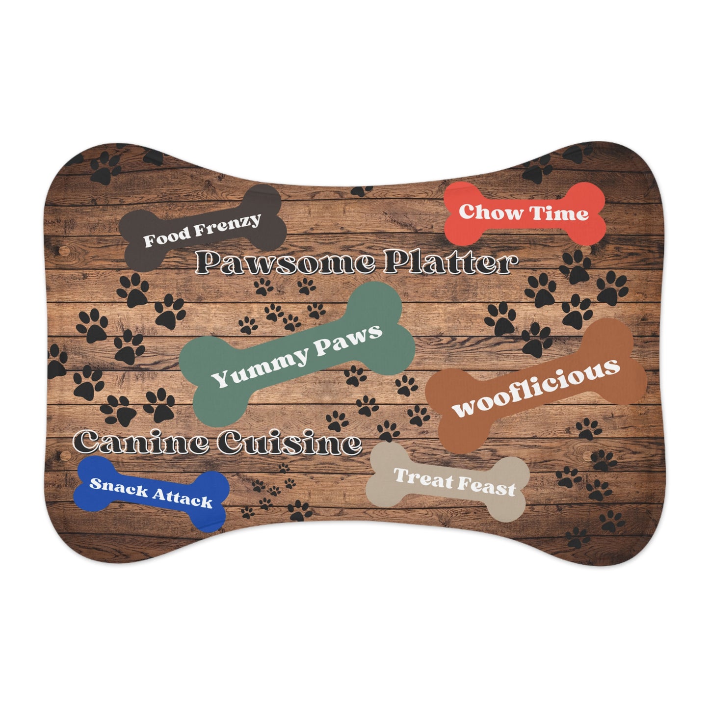 You'll also find several dog bones scattered across the mat, each featuring fun dog language words like "yummy paws," "chow time," and "pawsome platter." These delightful details make mealtime even more enjoyable for your beloved pet.