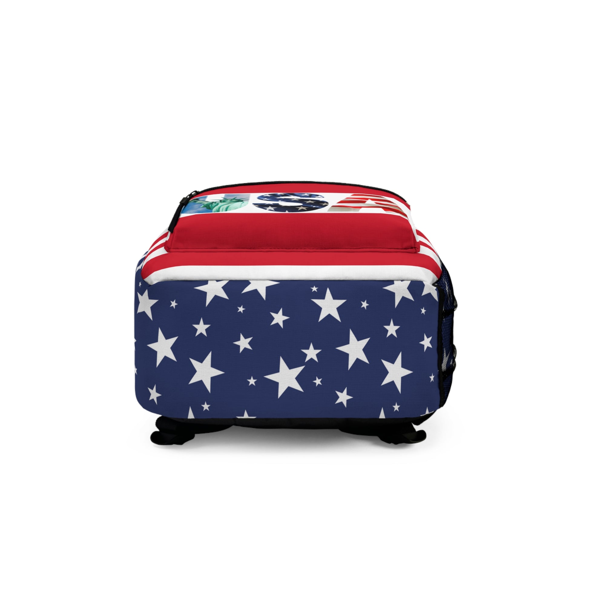 Speaking of design, the remaining portion of the backpack is adorned with stars and stripes, representing the iconic American flag.