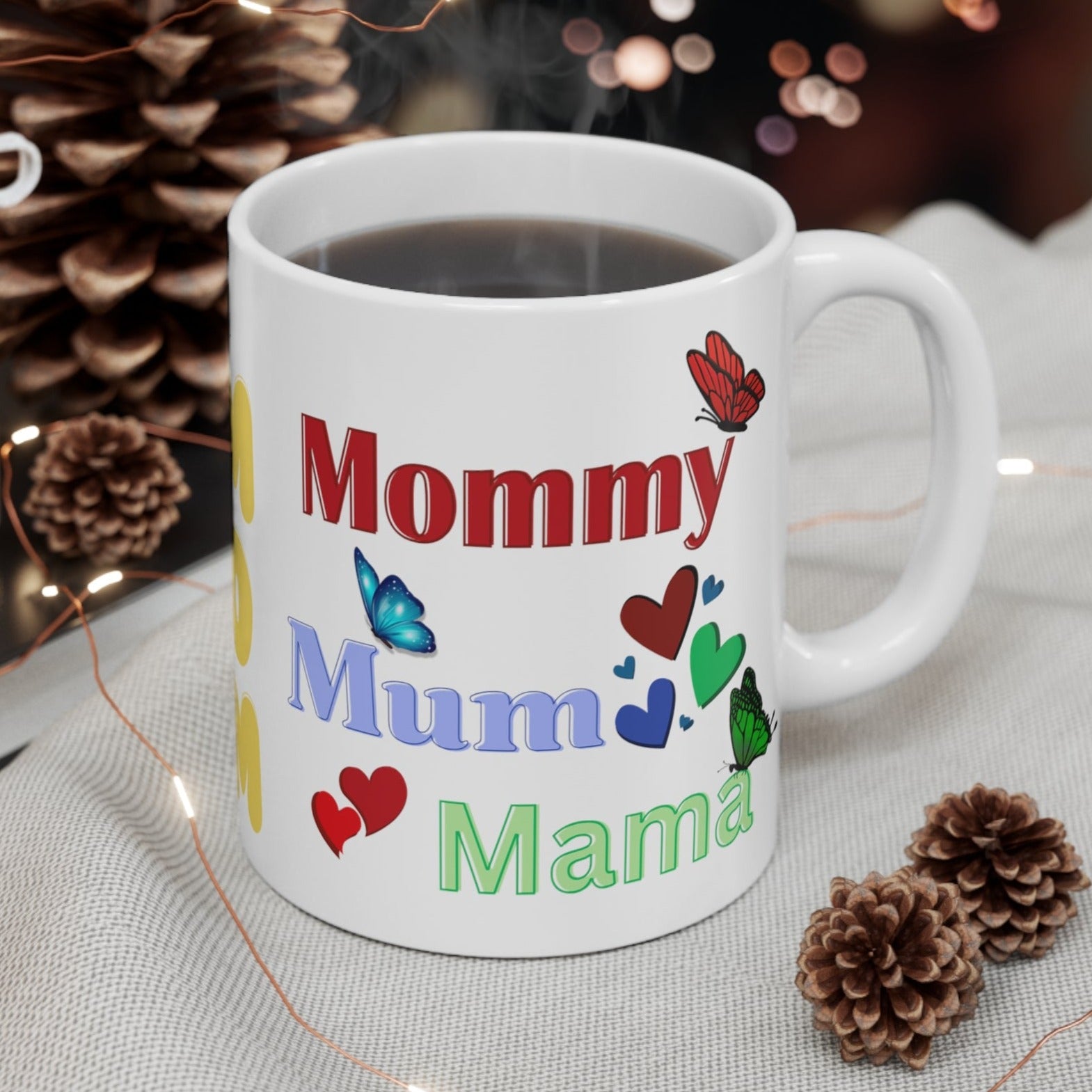 The design of the cup features various terms of endearment for mom, such as "mom," "mum," "mommy," and more, each beautifully crafted in different fonts and vibrant colors. To add an extra touch of beauty, a graceful butterfly in the same color as each term of mom accompanies it, symbolizing transformation and freedom.