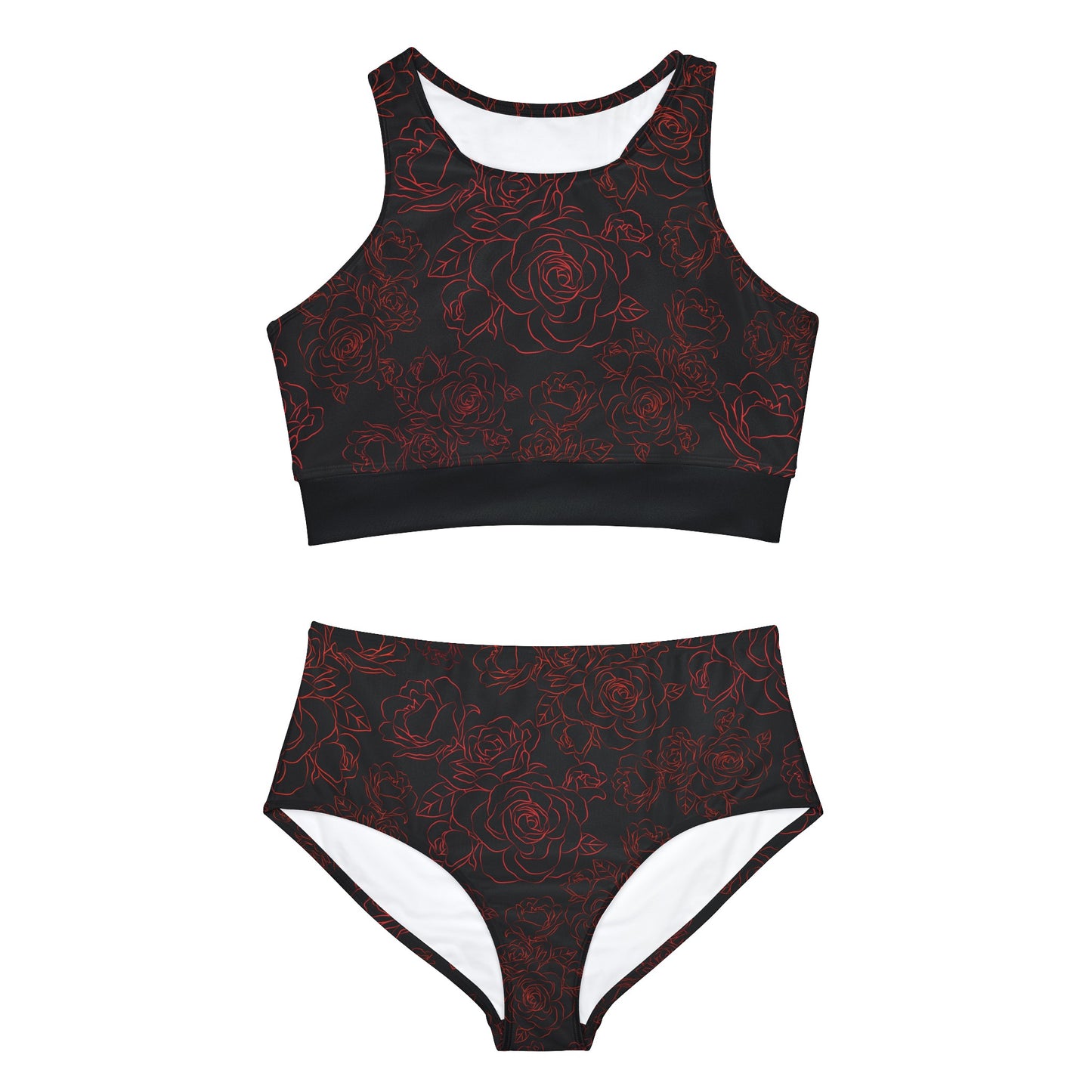 Front View of the The Bold Rose Blossom Sporty Bikini Set. Black Background and Bold Red Roses through-out. Free Delivery within U.S.