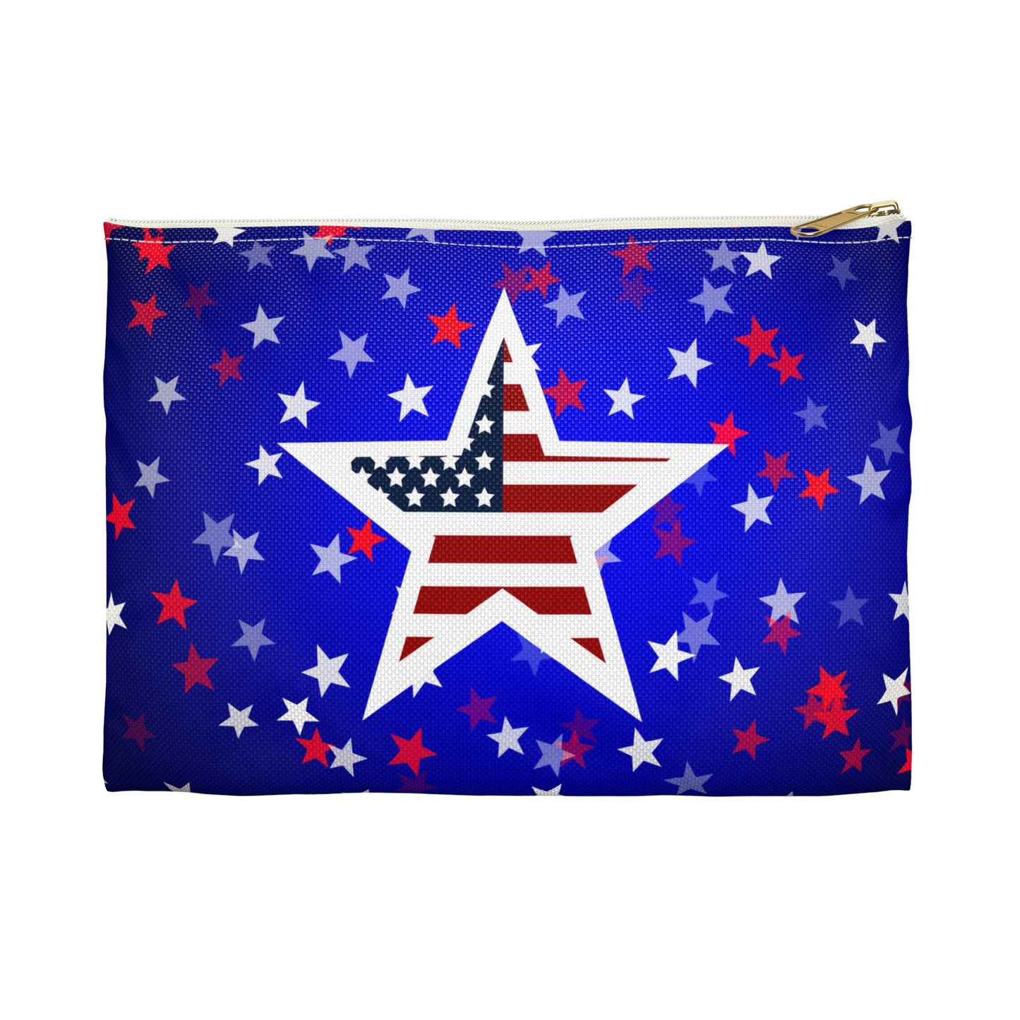  The design of the pouch features a captivating blue background, adorned with charming red and white small stars on both sides. At the center, a larger star takes the spotlight, with the USA flag proudly displayed within it. This patriotic touch adds a sense of pride and elegance to the overall design. 