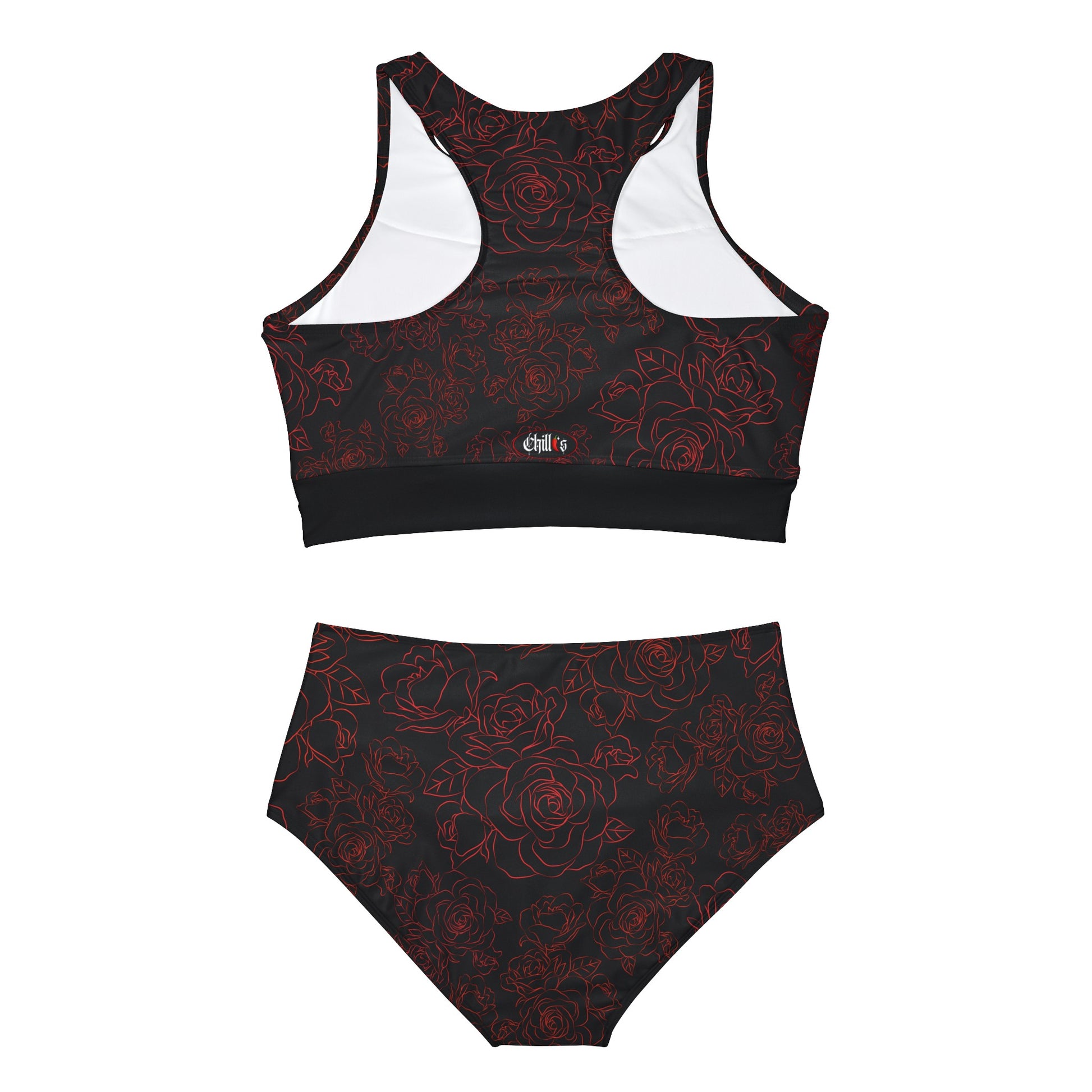 Back view of The Bold Rose Blossom Sporty Bikini Set. Black Background and Bold Red Roses through-out. Free Delivery within U.S.