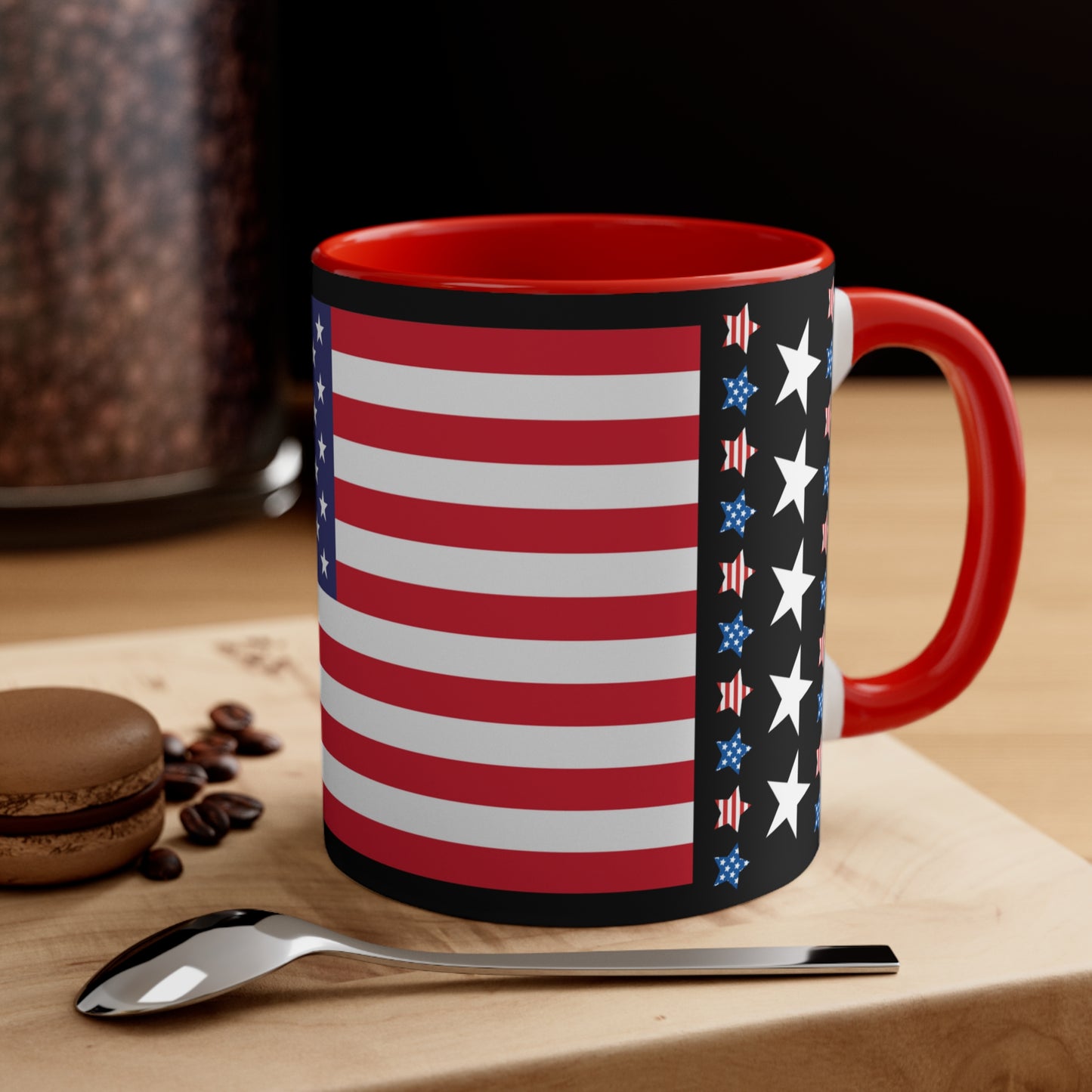 Introducing our Care and Wishes Boutique's patriotic 11-ounce coffee cup! This stunning ceramic coffee cup features a two-tone design with a white exterior and a colored interior and handle