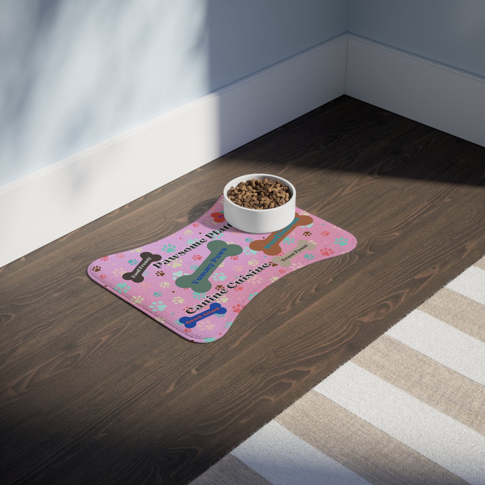 These delightful details make mealtime even more enjoyable for your beloved pet. To ensure stability, we have equipped this placemat with an anti-slip backing, allowing your dog to dine without any unnecessary sliding or movement.