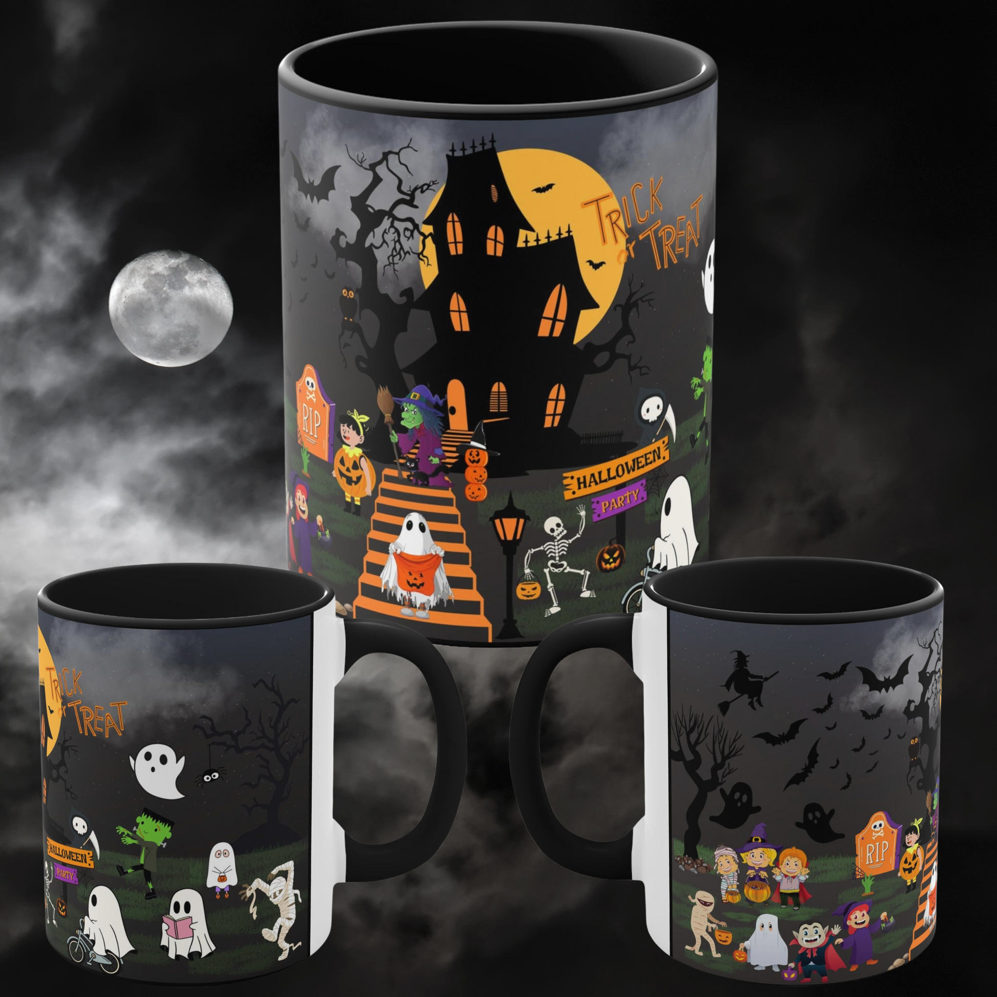 One side of the mug showcases trick-or-treaters, bringing a playful element to the design. These little characters add a touch of whimsy and remind us of the joyous spirit of Halloween. On the other side, you'll find a gathering of real ghosts and creatures, lending an air of spine-chilling excitement.