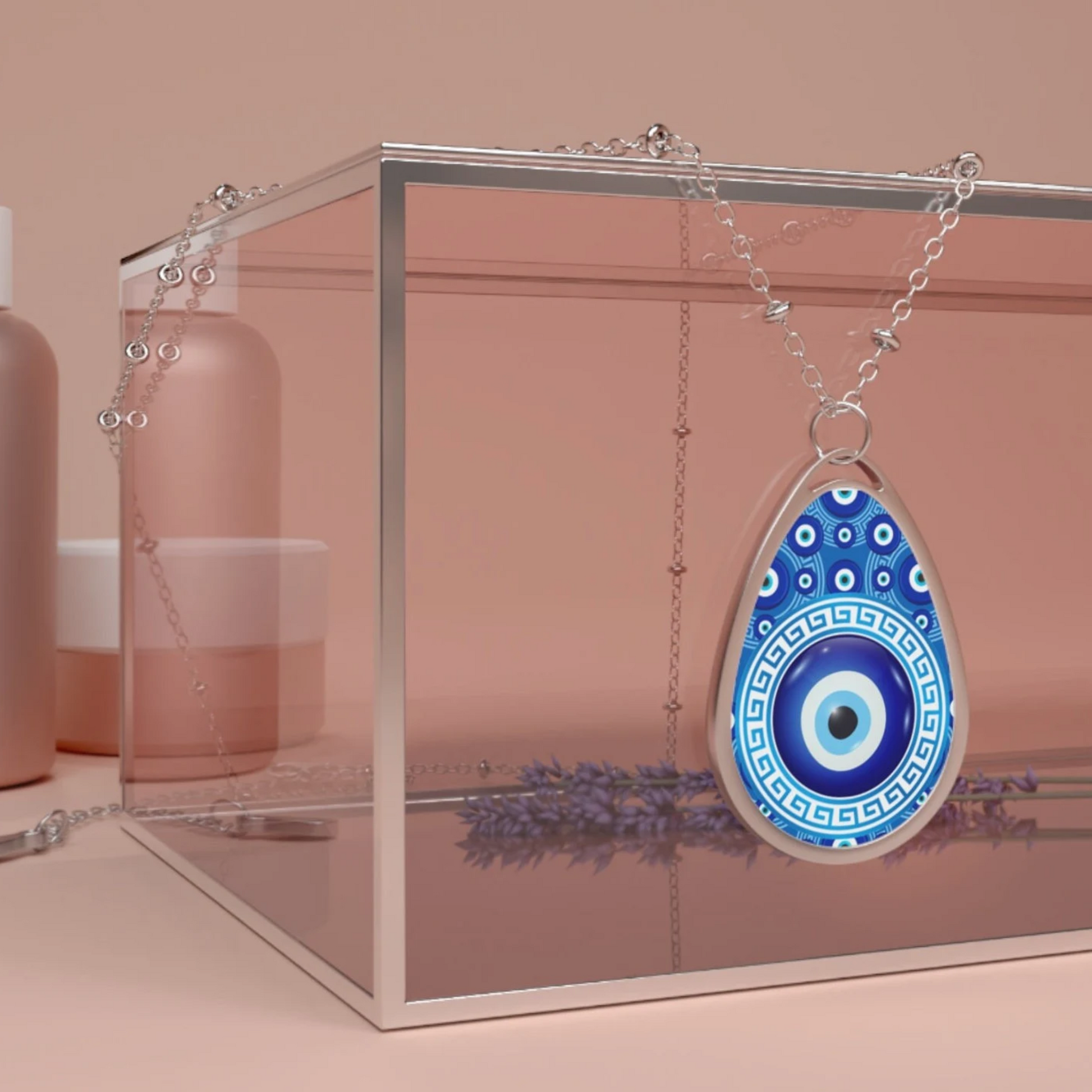  At the center, a single large blue evil Eye takes the spotlight, radiating an aura of mystique and protection. Encircling this mesmerizing Eye is a beautifully intricate round Greek key pattern, elegantly crafted in a matching shade of enchanting blue. 