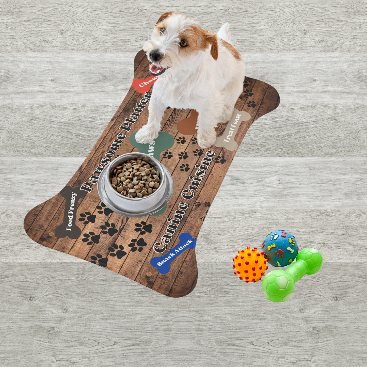  In addition to its functional features, this placemat boasts a charming design. The wood look background sets a cozy atmosphere, while adorable paw prints add a touch of playfulness. 