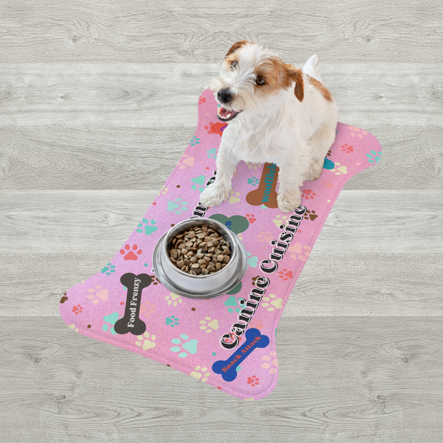  The 100% memory foam core ensures maximum support for your dog's paws during mealtime. In addition to its functional features, this placemat boasts a charming design. The pink glamour background sets a cute &amp; cozy atmosphere, while adorable paw prints add a touch of playfulness. 