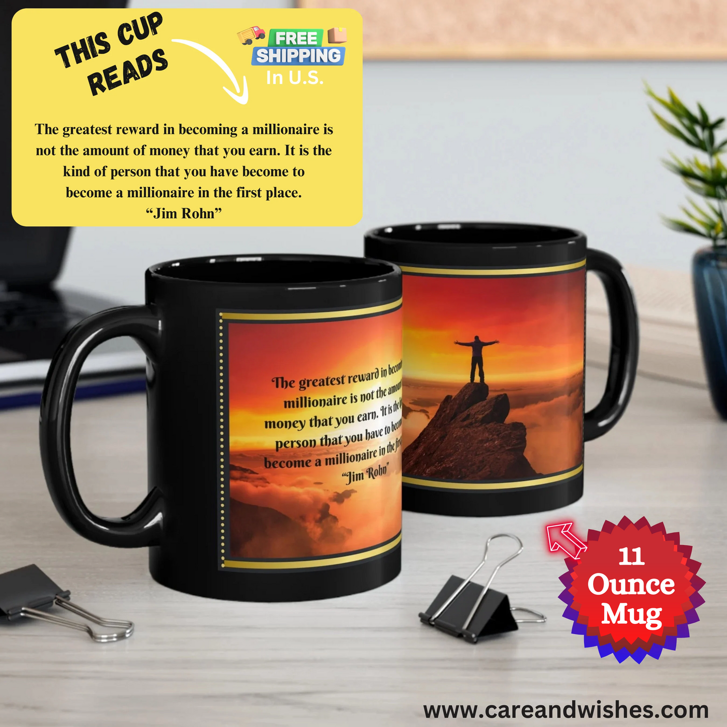 Introducing our stunning 11 ounce black ceramic mug featuring a breathtaking scenery of a man on a mountain peak, overlooking the clouds and a beautiful sunset.