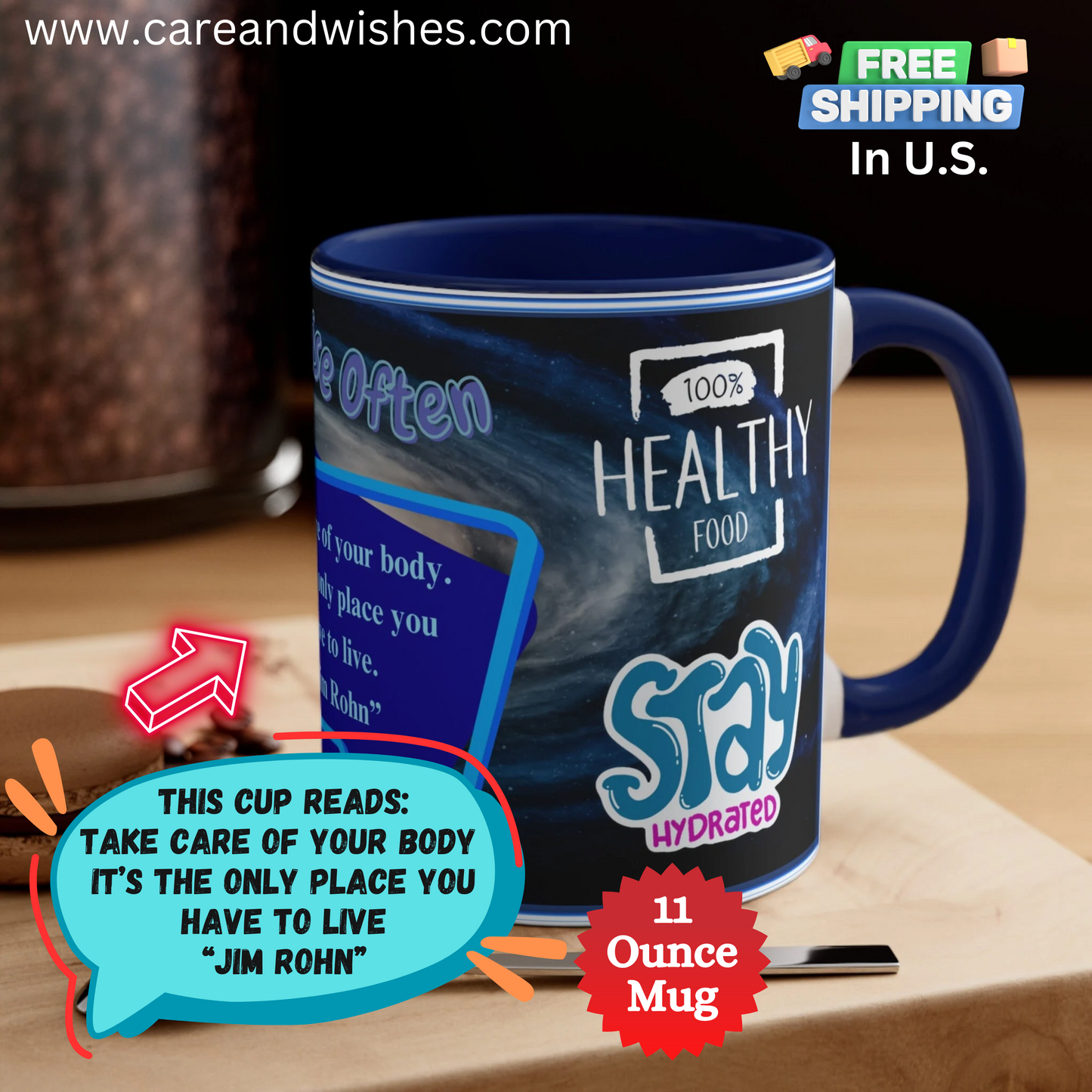 In addition to the exercise focused message, the mug also emphasizes the importance of mental health.