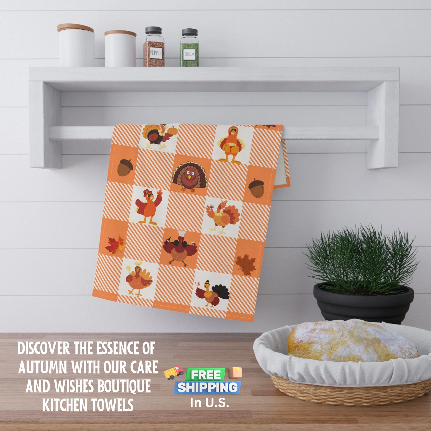 eaturing a festive color palette of warm oranges and checkered patterns, adorned with various turkeys striking whimsical poses, this towel adds a touch of seasonal cheer to your kitchen decor. The lightweight fabric makes it easy to handle and perfect for everyday use.