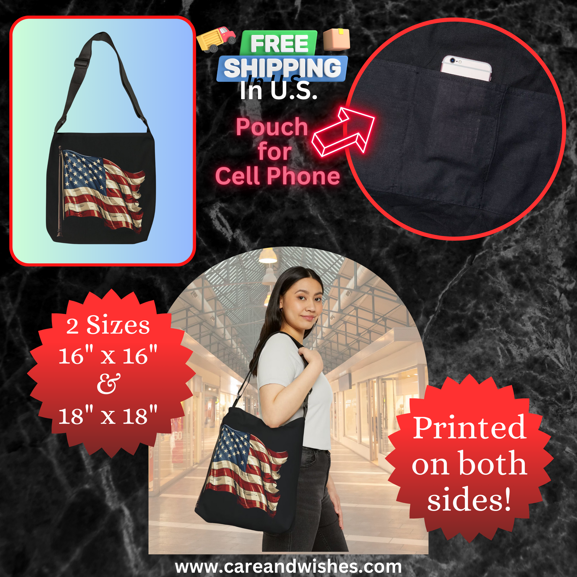 The standout design of this tote bag is the iconic Old Glory USA flag, boldly displayed on both sides. The design showcases your patriotic spirit and adds a touch of American pride to any outfit or occasion. nterior pouch for easy access for your cell phone or personal items.