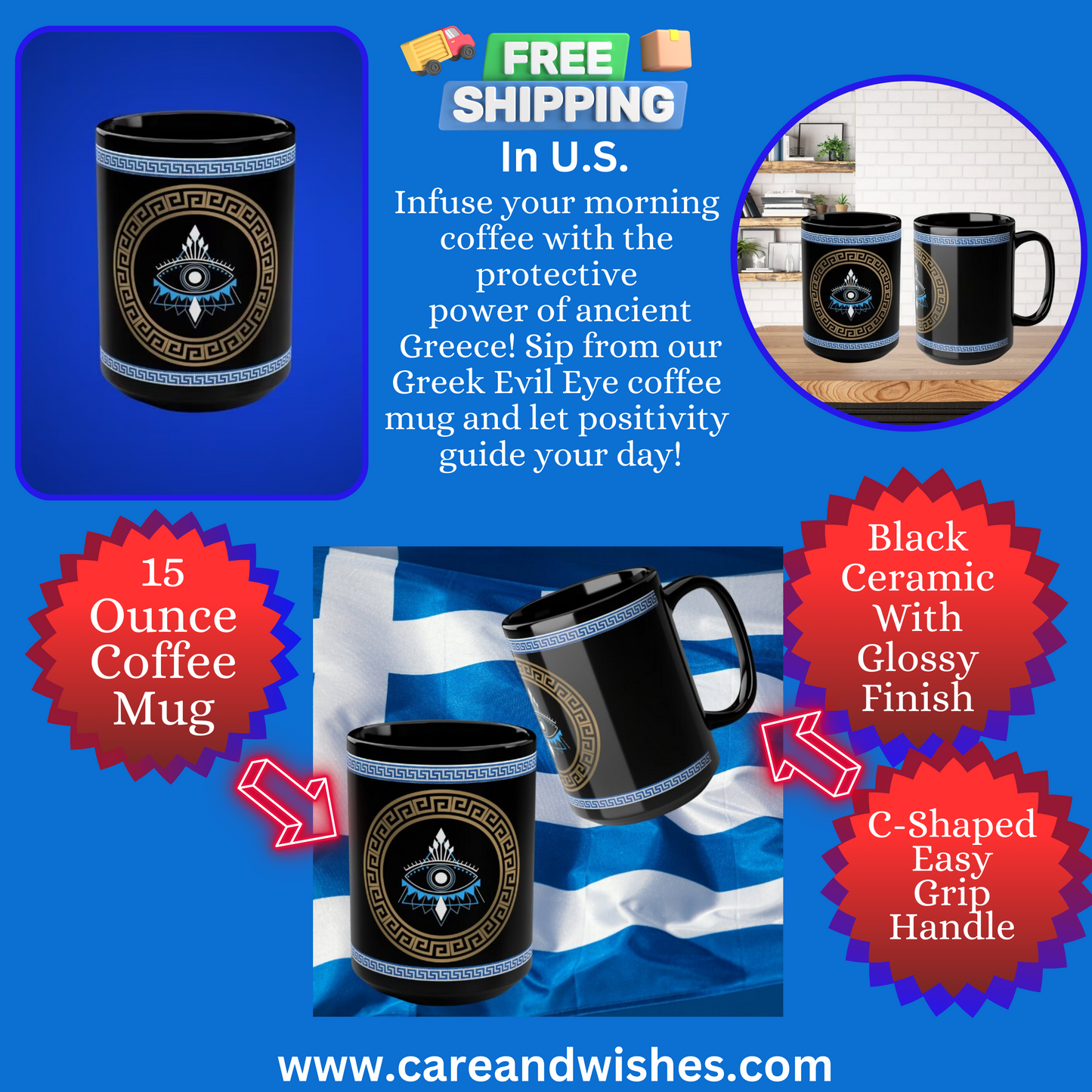 This 15 oz. coffee mug is an elegant and eye-catching piece. Its glossy black exterior gives it a sleek and sophisticated look. The mug features a Greek key design in blue at the top and bottom, adding a touch of classic charm. 