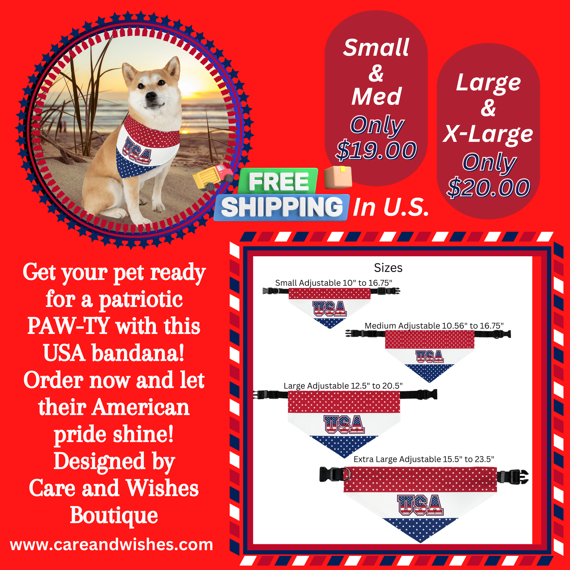 You can place your order with ease, and we'll ensure it arrives at your doorstep without any additional cost. Treat your pet to the perfect combination of style and comfort with our Care and Wishes Boutique pet bandana collar. Order now and let your furry friend showcase their patriotic spirit in this adjustable and fashionable accessory.