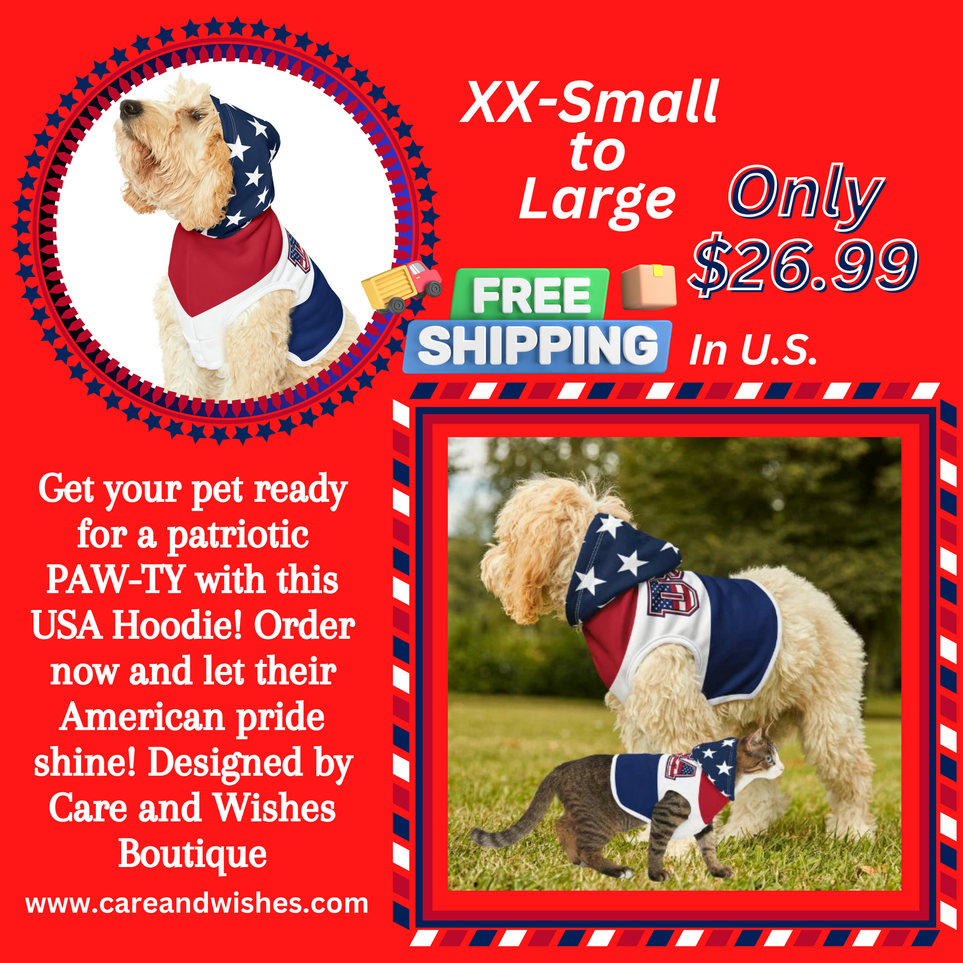 Order now and let your furry friend show off their patriotic side in this charming and cozy hoodie.