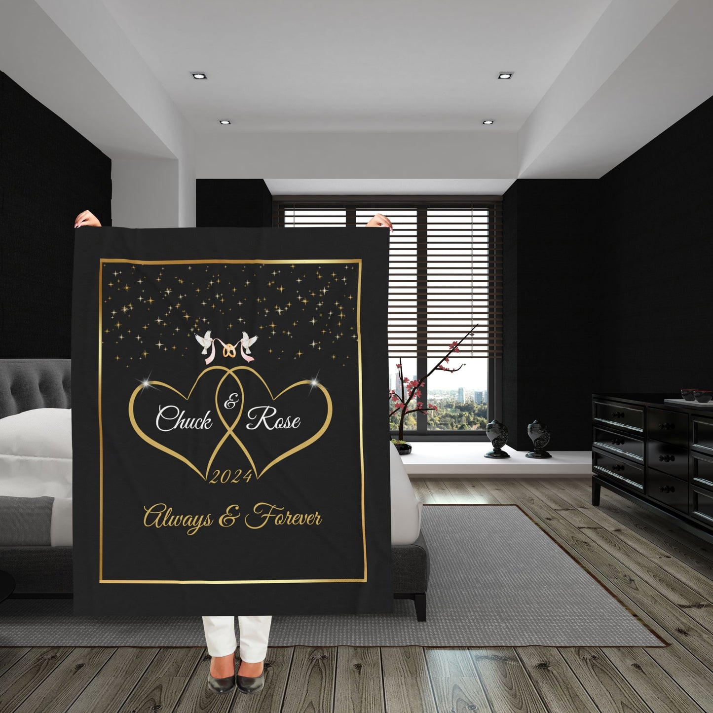 Above the hearts, two doves gracefully tie two rings together with a ribbon, representing unity and love. To enhance the enchantment, the blanket is adorned with sparkling stars at the top, creating a celestial atmosphere.