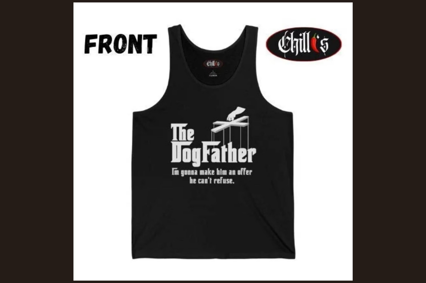 Introducing the DogFather tank top, exclusively designed by Chillii at Care And Wishes Boutique. Inspired by the iconic movie, the DogFather tank top puts a fun twist on the legendary Godfather.