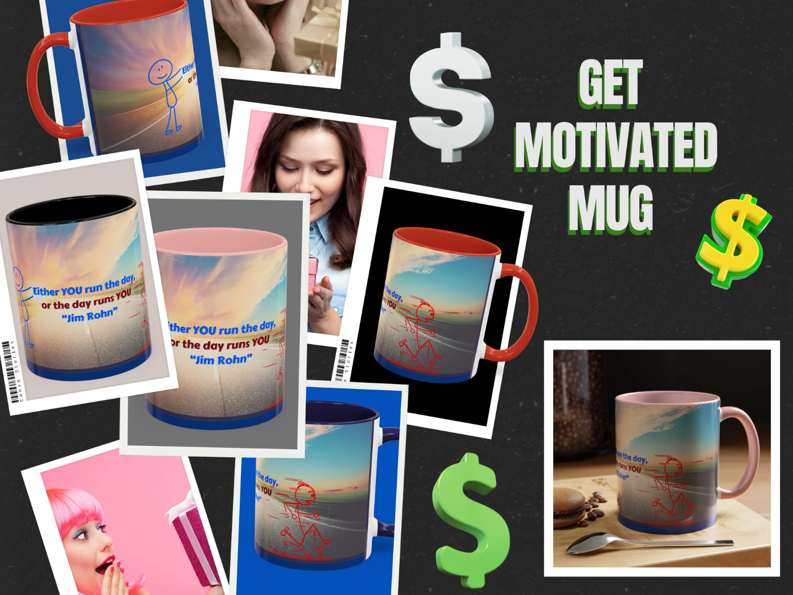 The mug features the motivating phrase, Either you run the day or the day will run you, encouraging you to take charge of your day and make the most of every moment.