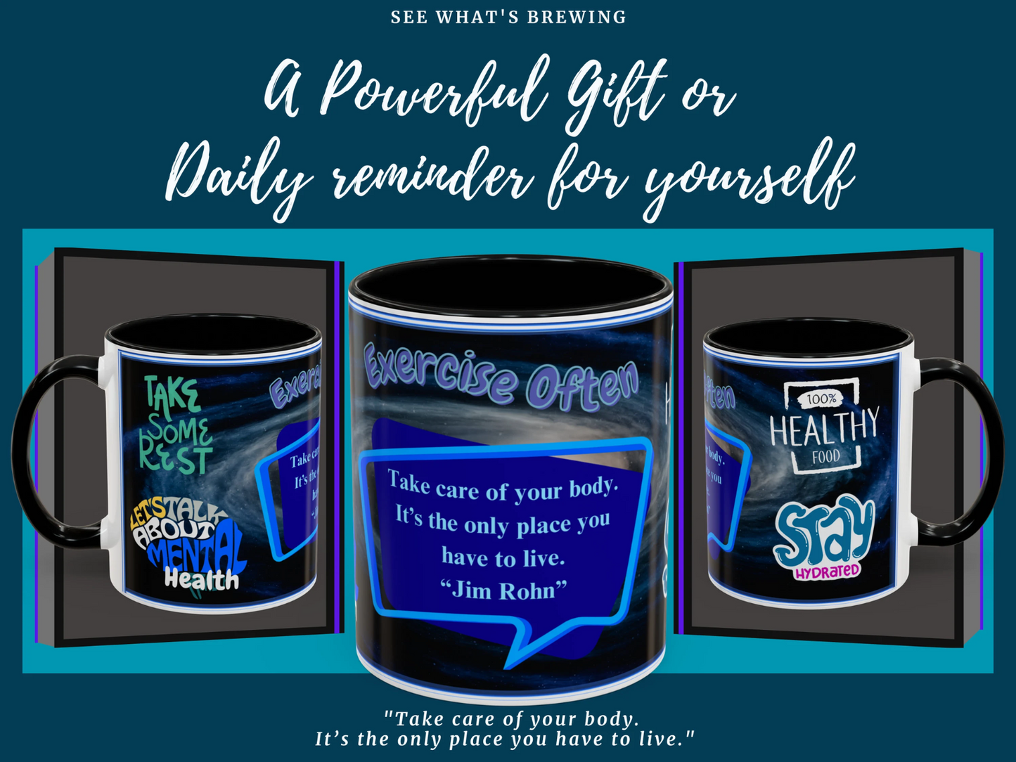 Introducing a humorous and health conscious coffee mug that encourages self care and promotes mental and physical well-being. This 11 ounce mug is designed to motivate and remind you of the importance of taking care of your body and mind.