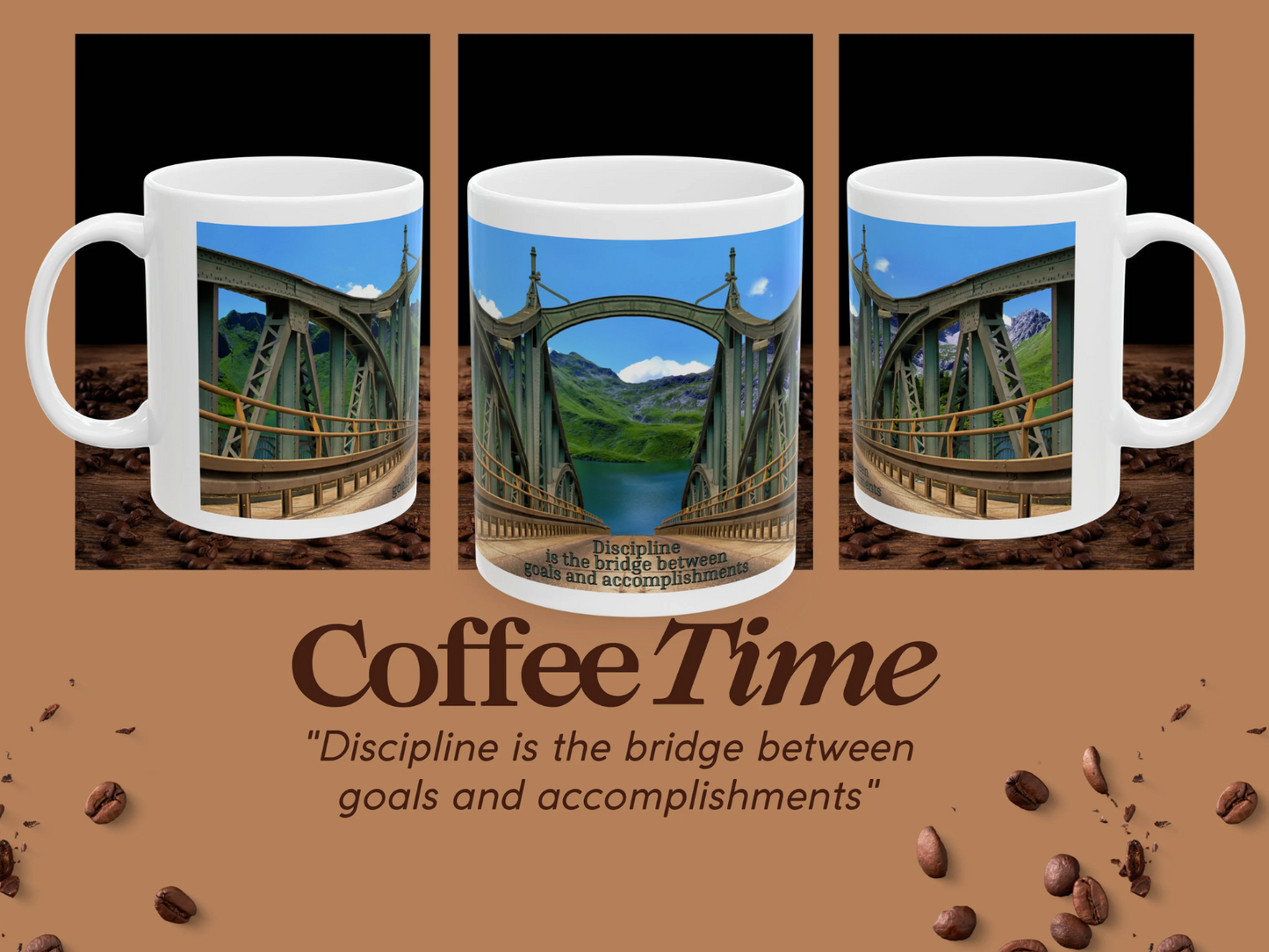 This coffee cup featuring a picturesque view of a stunning bridge gracefully spanning over tranquil waters This captivating scene serves as a visual representation of the importance of discipline in bridging the gap between goals and  accomplishments