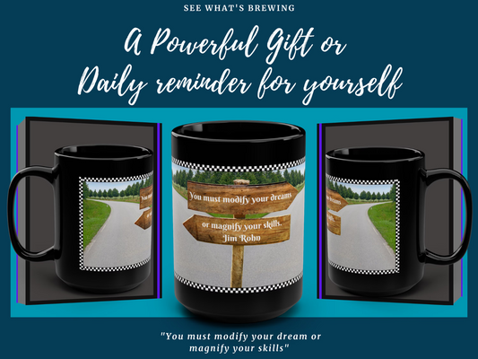 Introducing our stunning 15 ounce glossy black coffee mug, designed to inspire and encourage you to make strategic choices in your life. This mug features a captivating image of a crossroad, with a sign pointing to the right. This symbolizes the importance of making the right decisions to achieve your dreams.