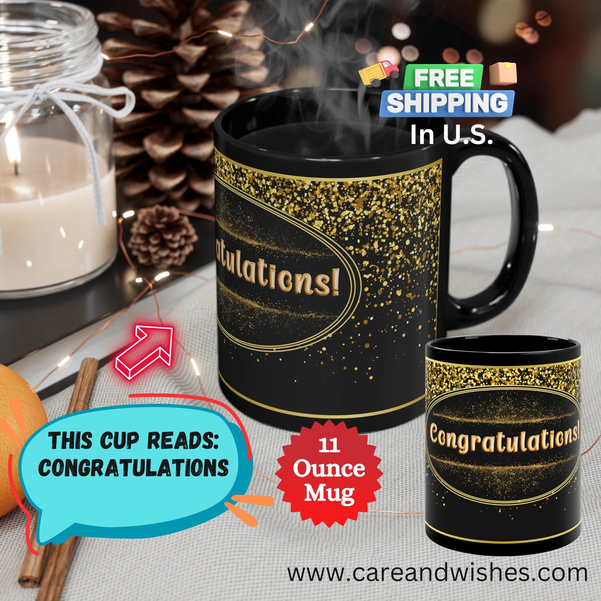 Presenting an elegant and sophisticated 11-ounce coffee cup in a timeless combination of black and gold. This stunning cup is designed to celebrate achievements and milestones, making it the perfect gift to extend your heartfelt congratulations.