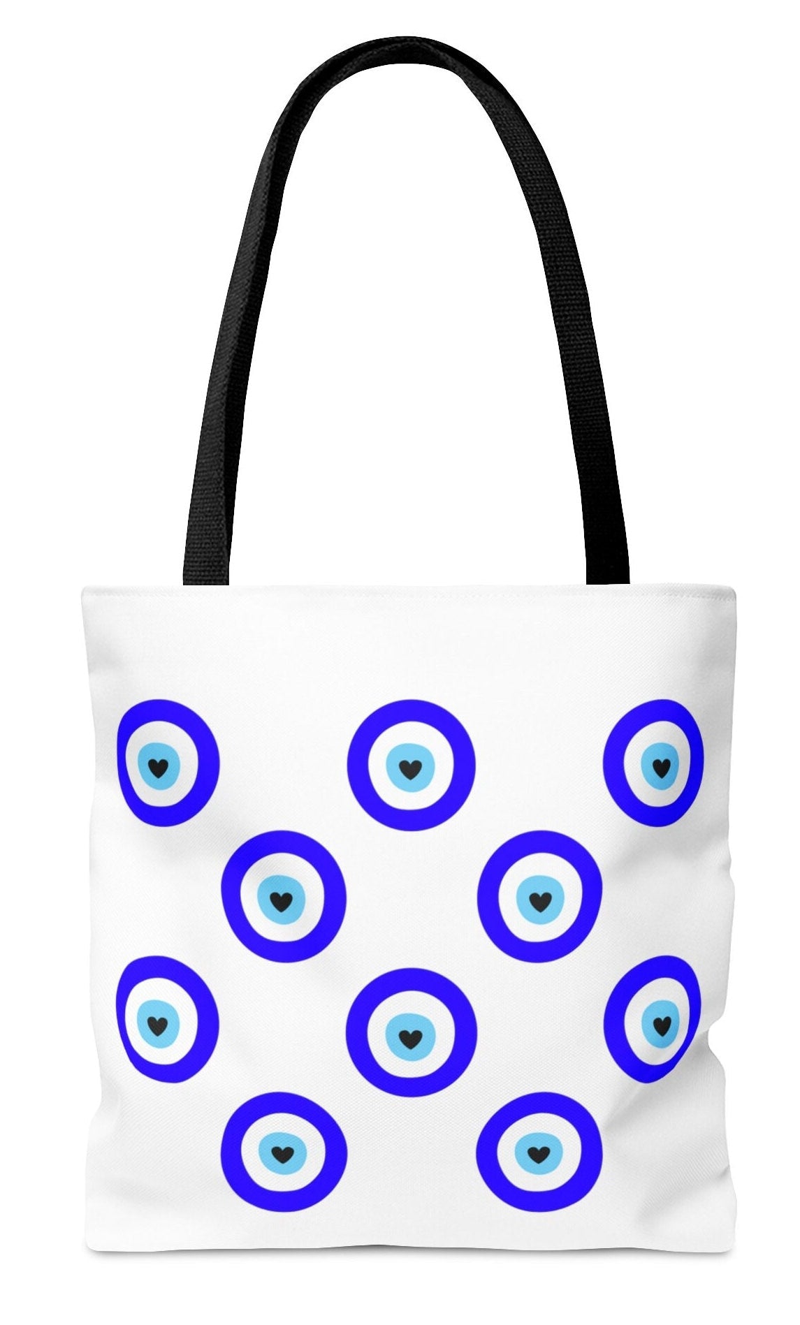 The Greek evil eye designs with heart pupils are thoughtfully scattered throughout the bag, creating an intriguing and visually pleasing pattern. This design choice adds a touch of style and individuality to the overall look of the tote bag.