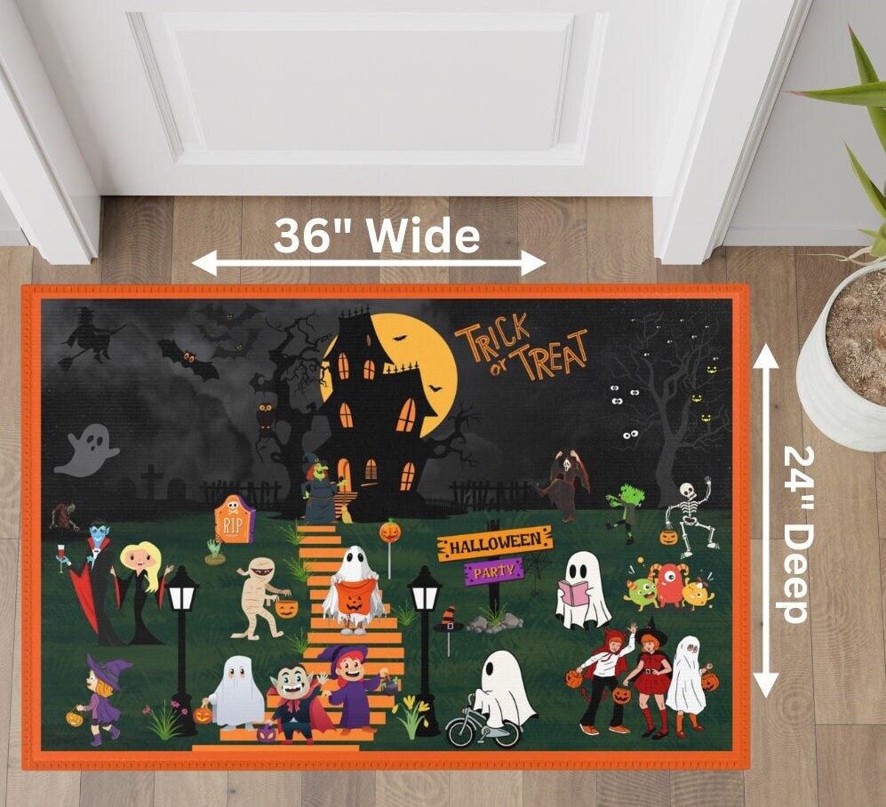 Introducing our enchanting Halloween area rug, designed by Care and Wishes Boutique! This bewitching rug measures 36" wide x 24" deep and showcases a haunted house perched atop a misty hill, its steps inviting guests to enter. 