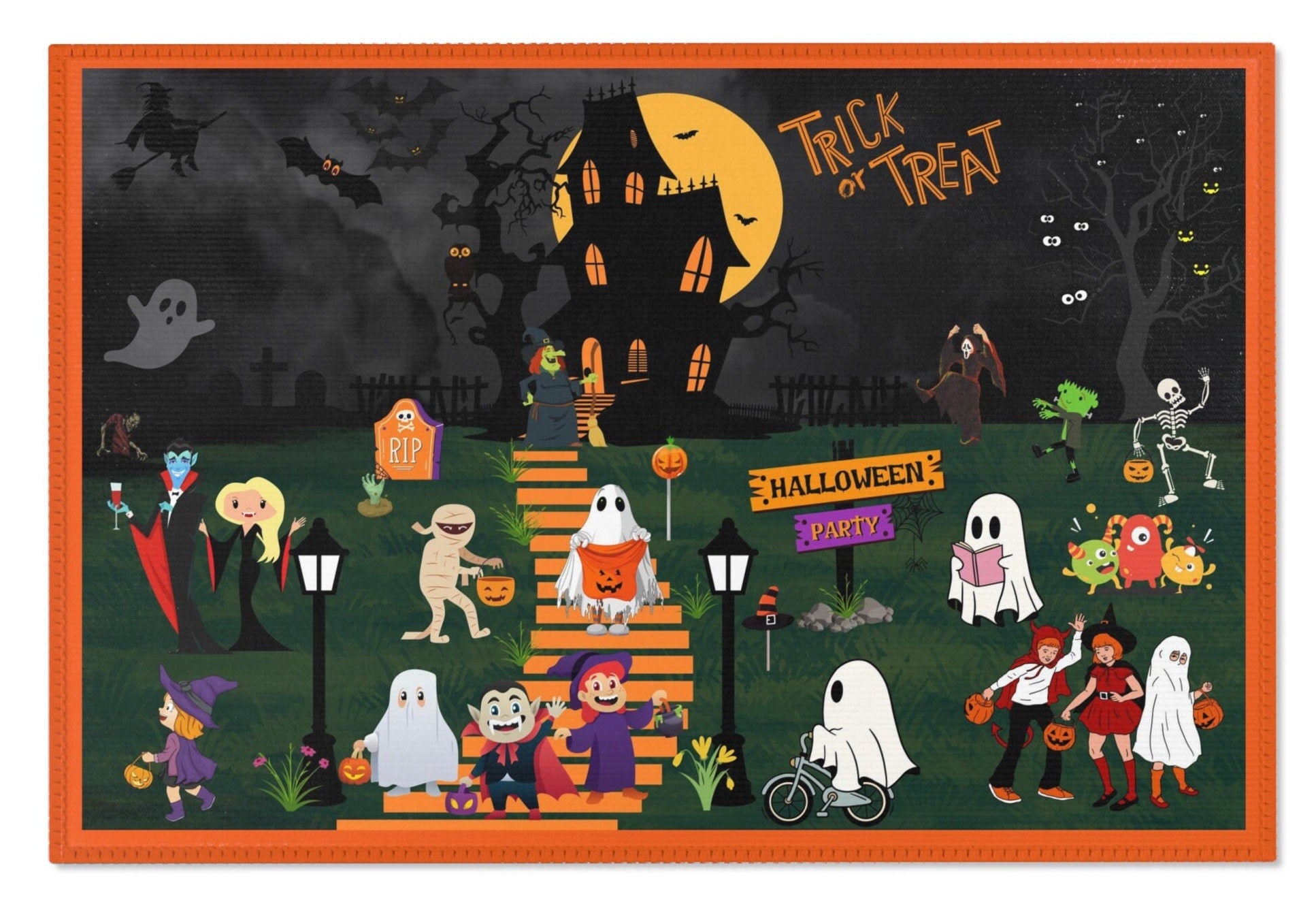 This rug strikes the perfect balance between cute and spooky, making it a delightful addition to your Halloween decor. To further set the mood, a sign planted in the yard proudly announces "Halloween Party."