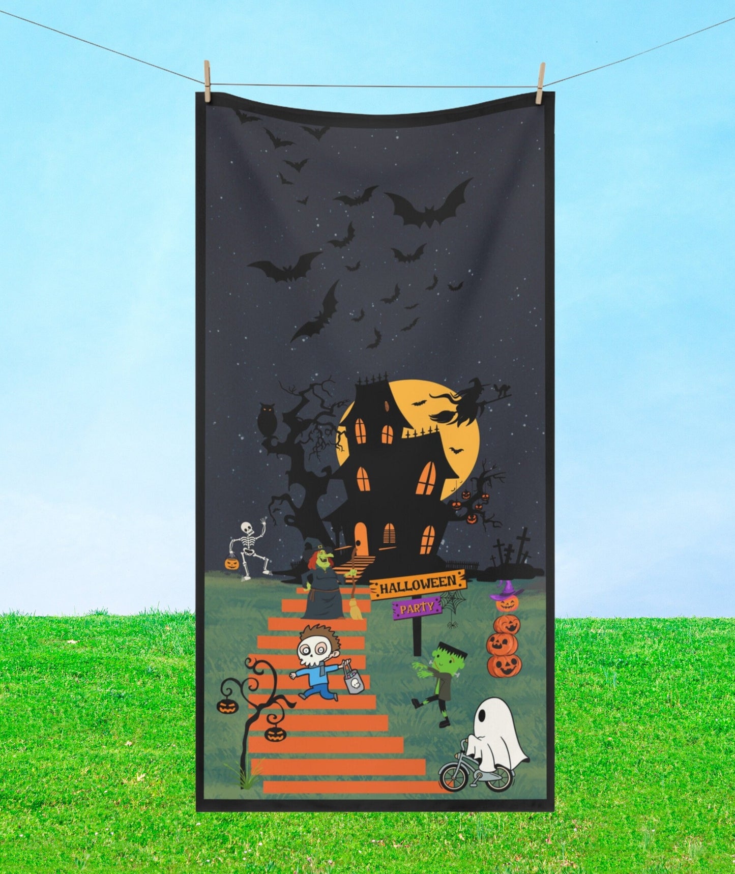 The focal point of this mesmerizing design is a haunted house perched atop a hill, surrounded by an ethereal moonlit sky. Bats gracefully glide through the night, adding an air of mystery and intrigue. 