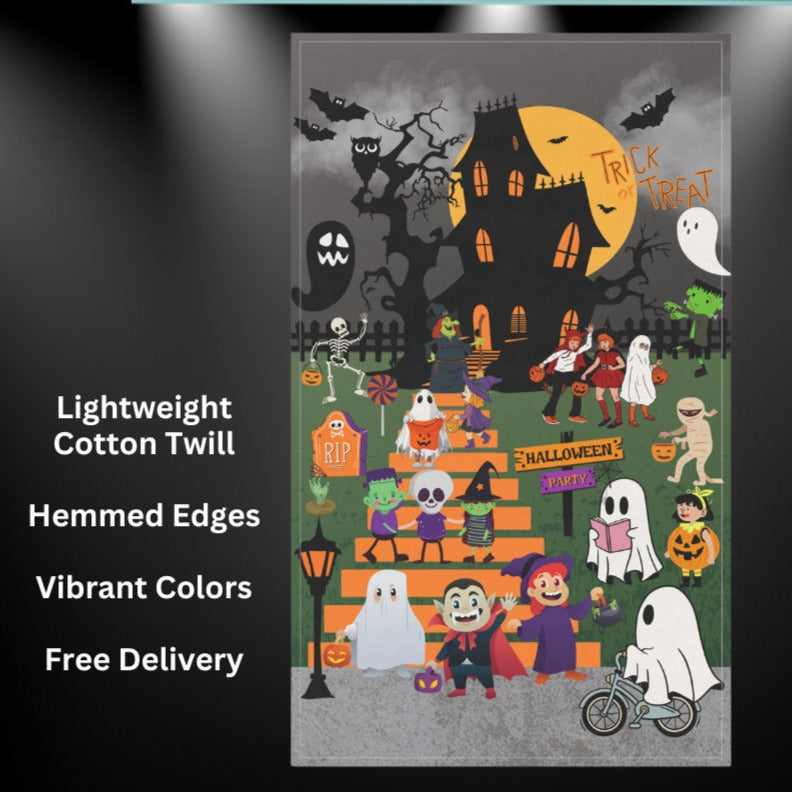 Introducing our delightful "Haunted Halloween Delights" kitchen towel, exclusively designed by Care and Wishes Boutique for the spooky season! This 18"x30" lightweight cotton twill towel is the perfect addition to your kitchen decor, bringing a touch of enchantment to your daily cooking and baking adventures.