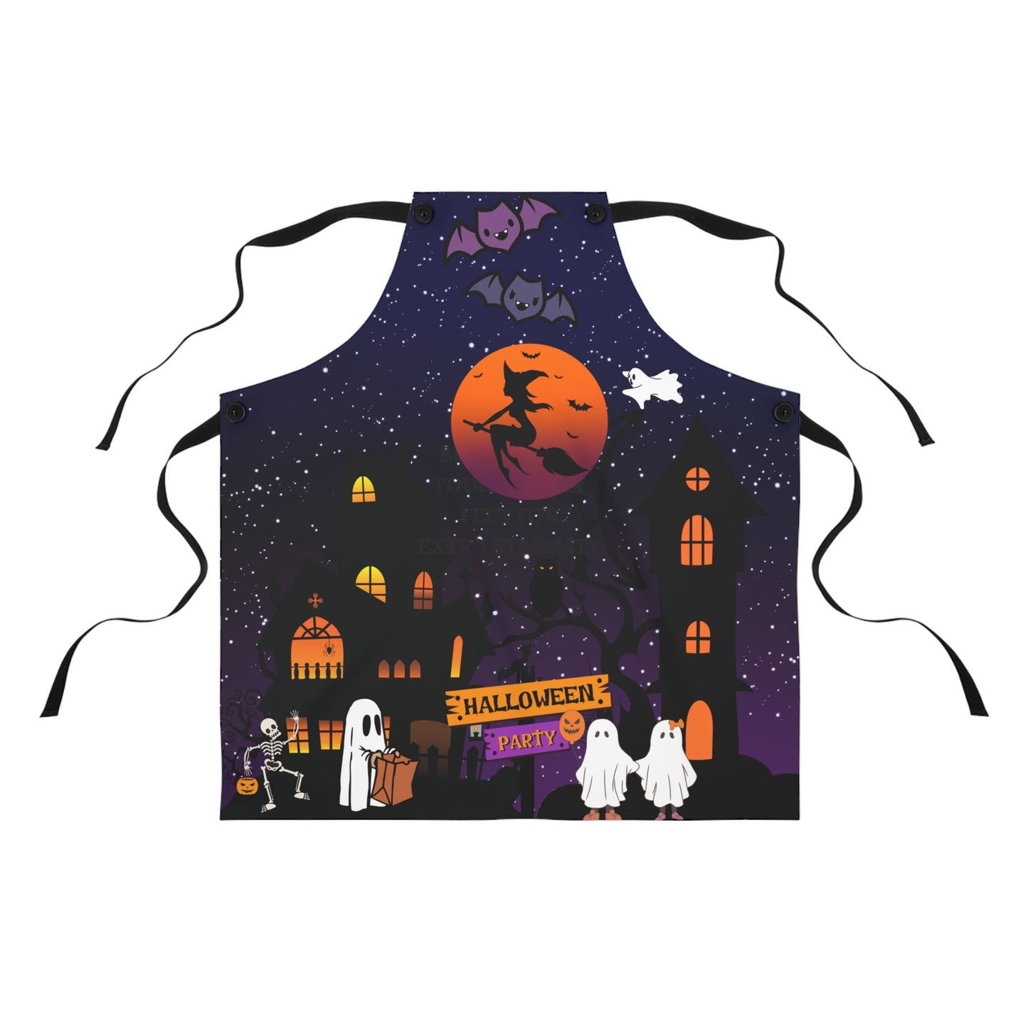 The captivating design on the apron showcases two bats at the top, adding a touch of spooky charm. In the center, you'll find a mesmerizing harvest moon with a witch flying on her broom, creating an enchanting atmosphere