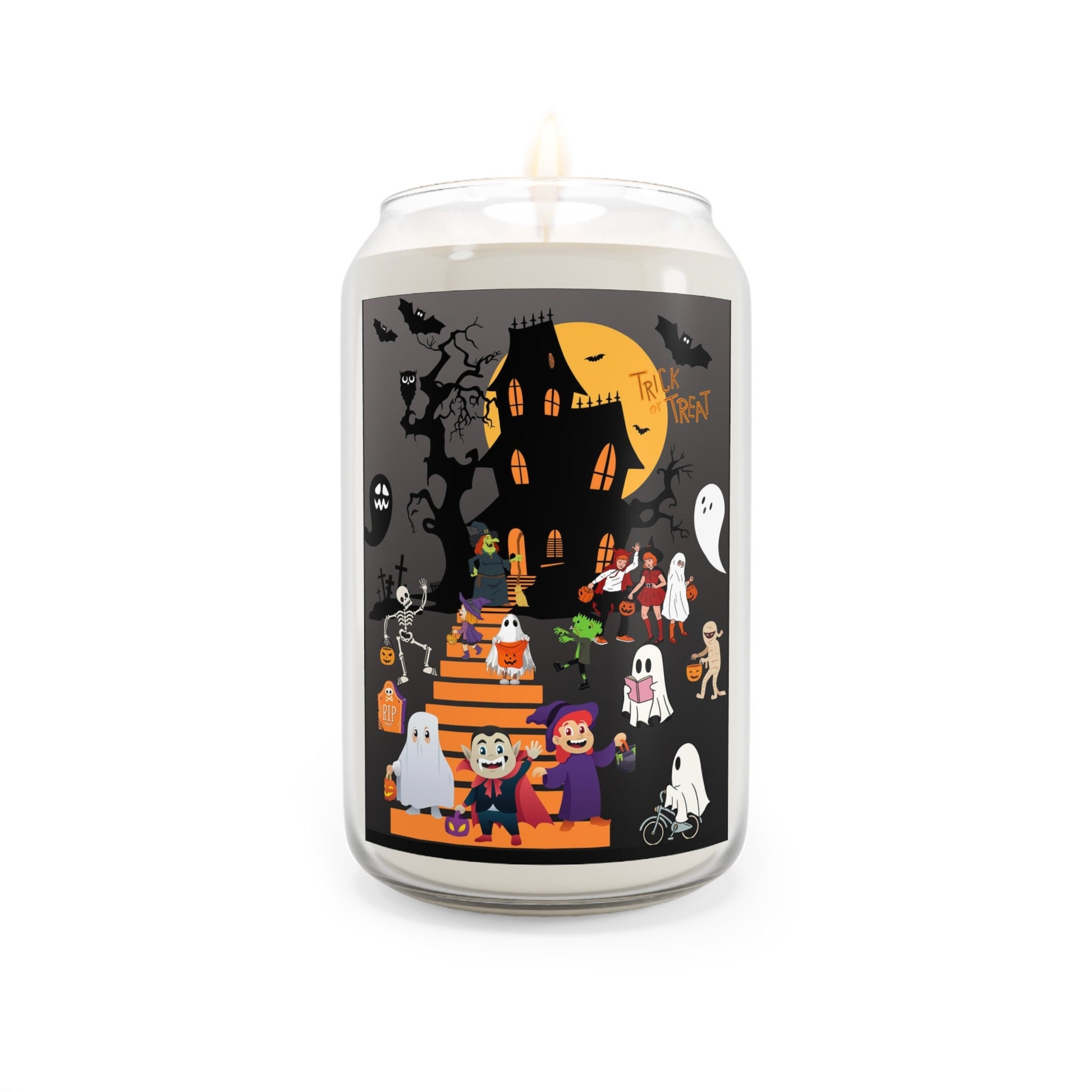 This 13.75 oz. candle features a mesmerizing design that will transport you to a haunted realm. Imagine a mysterious house in the background, its eerie silhouette illuminated against the night sky. The steps leading up to it add an element of suspense and curiosity, inviting you to explore further.