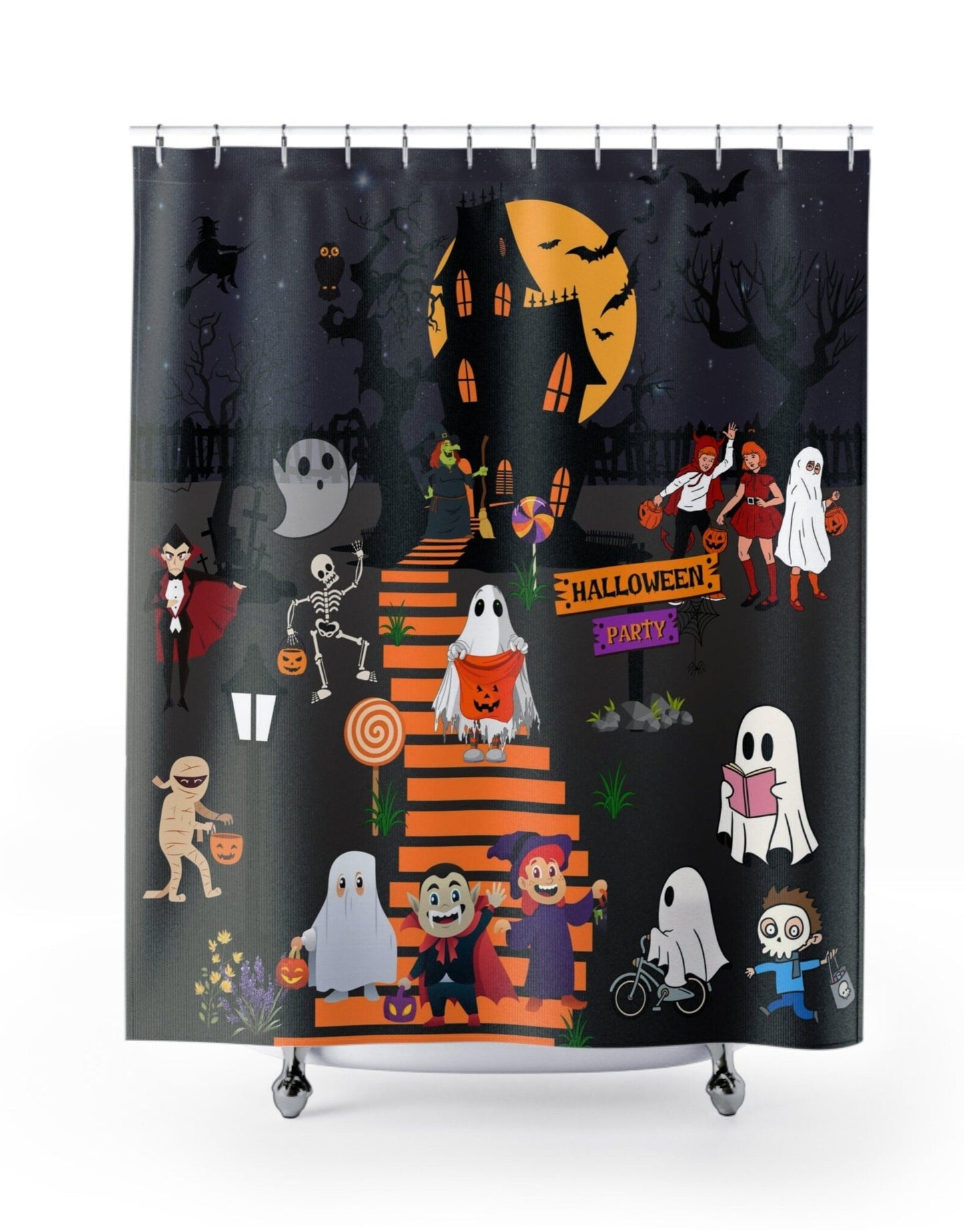 Introducing our Halloween-themed shower curtain, by Care and Wishes Boutique! This unique curtain is designed to bring a spooky and festive atmosphere to your bathroom.