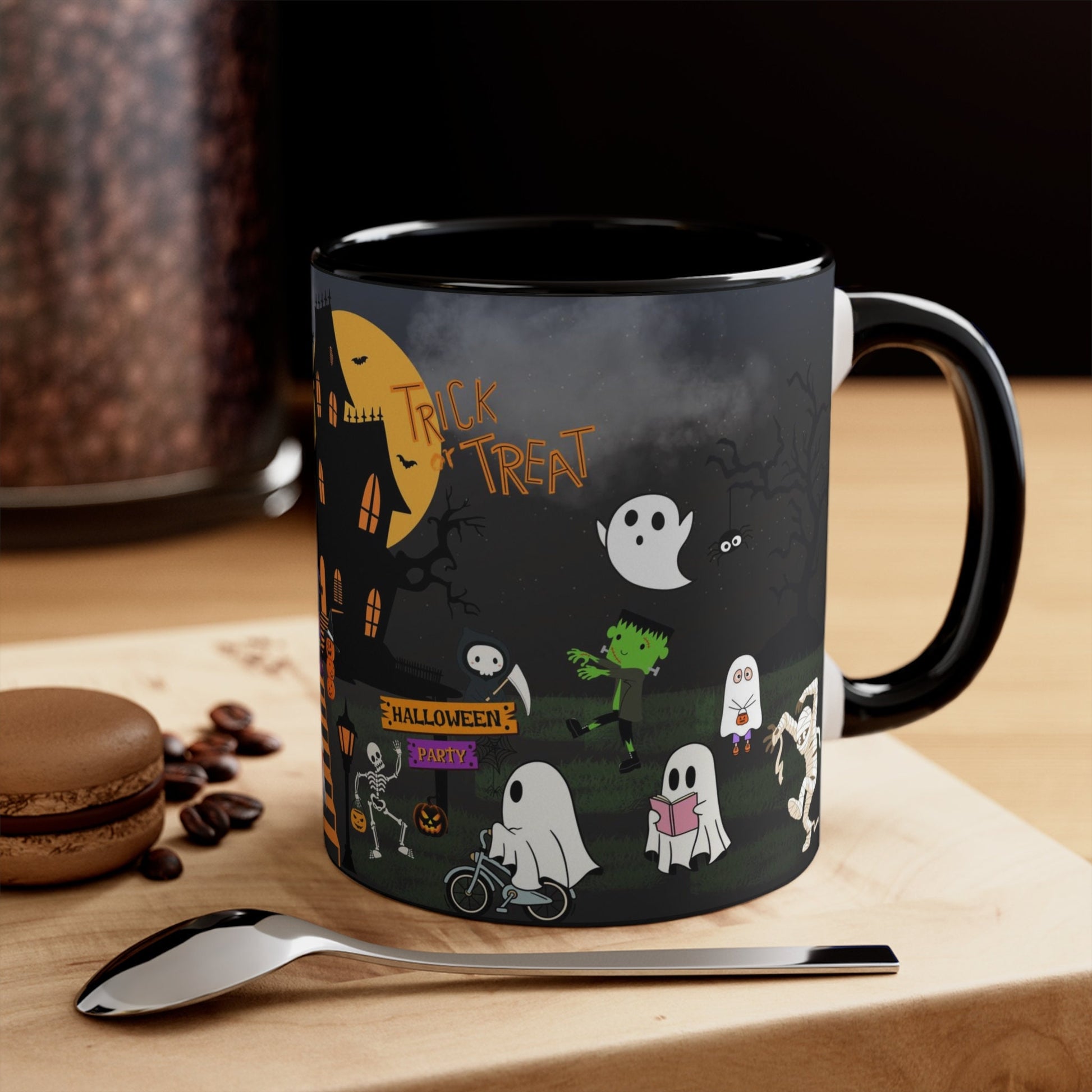 Introducing our enchanting 11-ounce coffee mug, lovingly designed by Care and Wishes Boutique, perfect for the Halloween season! This mug features a captivating design that will transport you to a world of spooky delights.